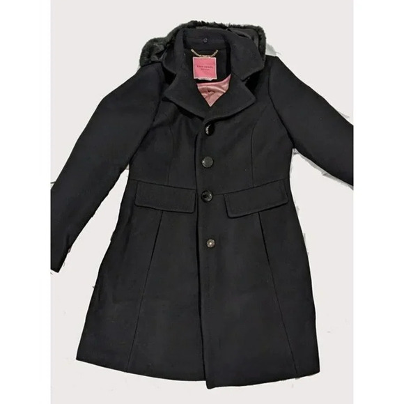 NWOT Kate Spade Double Breasted Faux Fur Trim Coat Black Size S MSRP $358 - Picture 5 of 9
